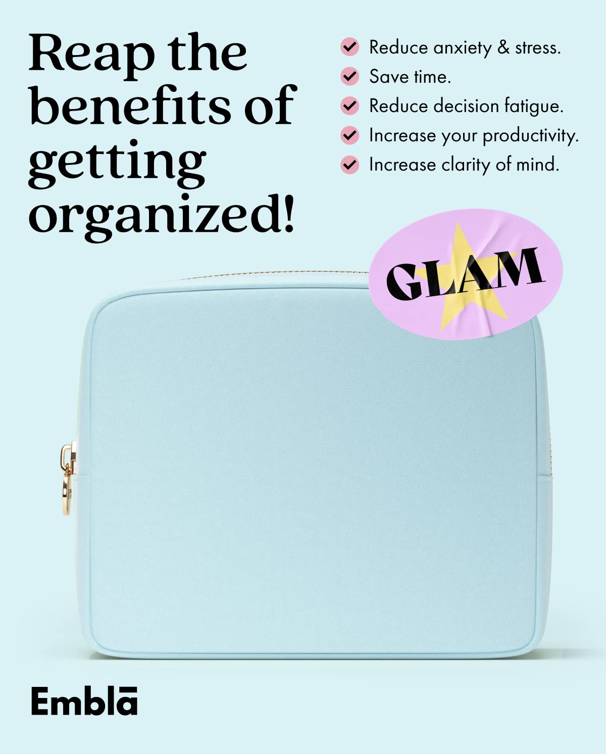 Embla large makeup bag blue used as a chic clutch for outings