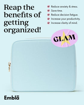 Embla large makeup bag blue used as a chic clutch for outings