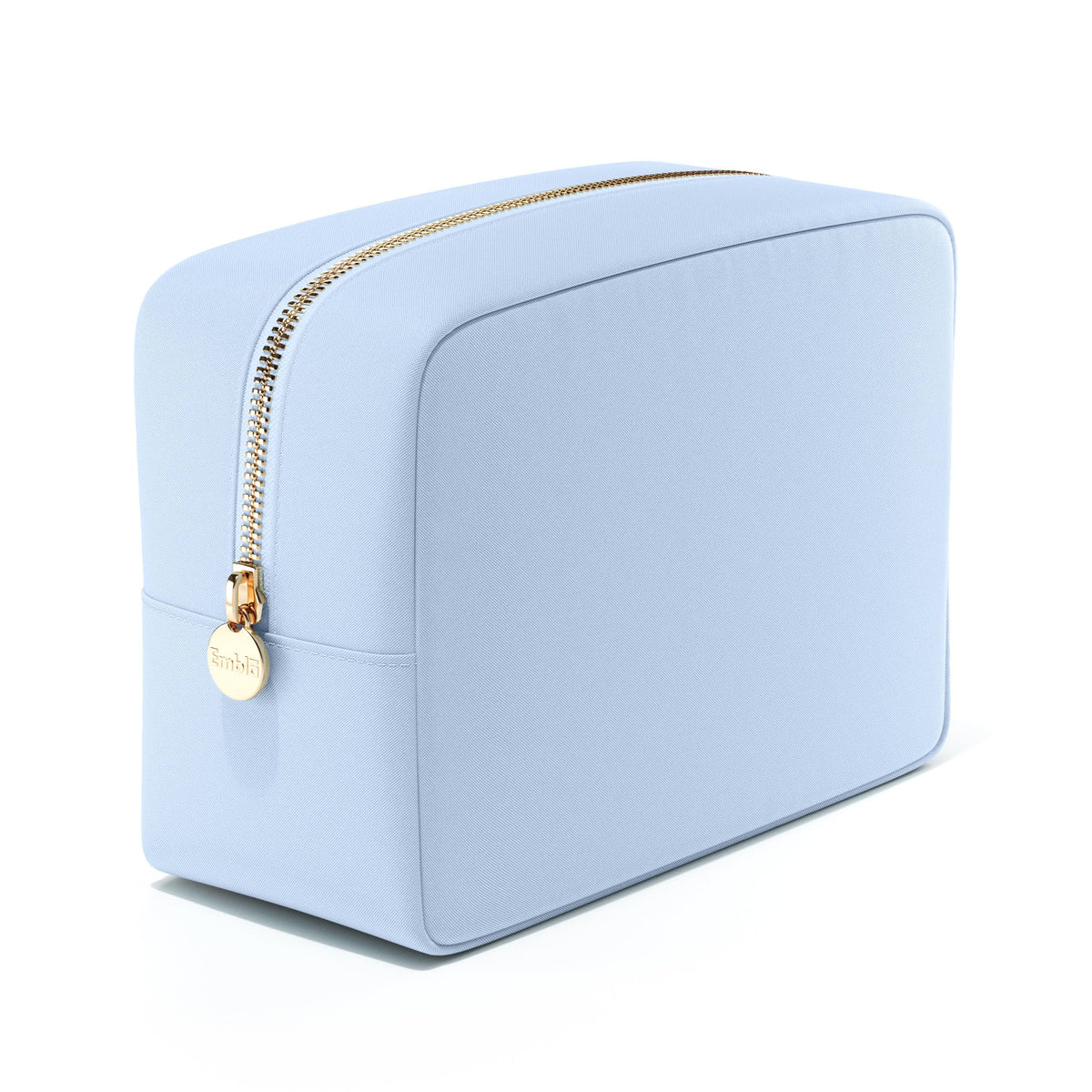 Embla large makeup bag blue, front view, spacious for cosmetics