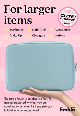 Embla large makeup bag blue side pocket detail for small items