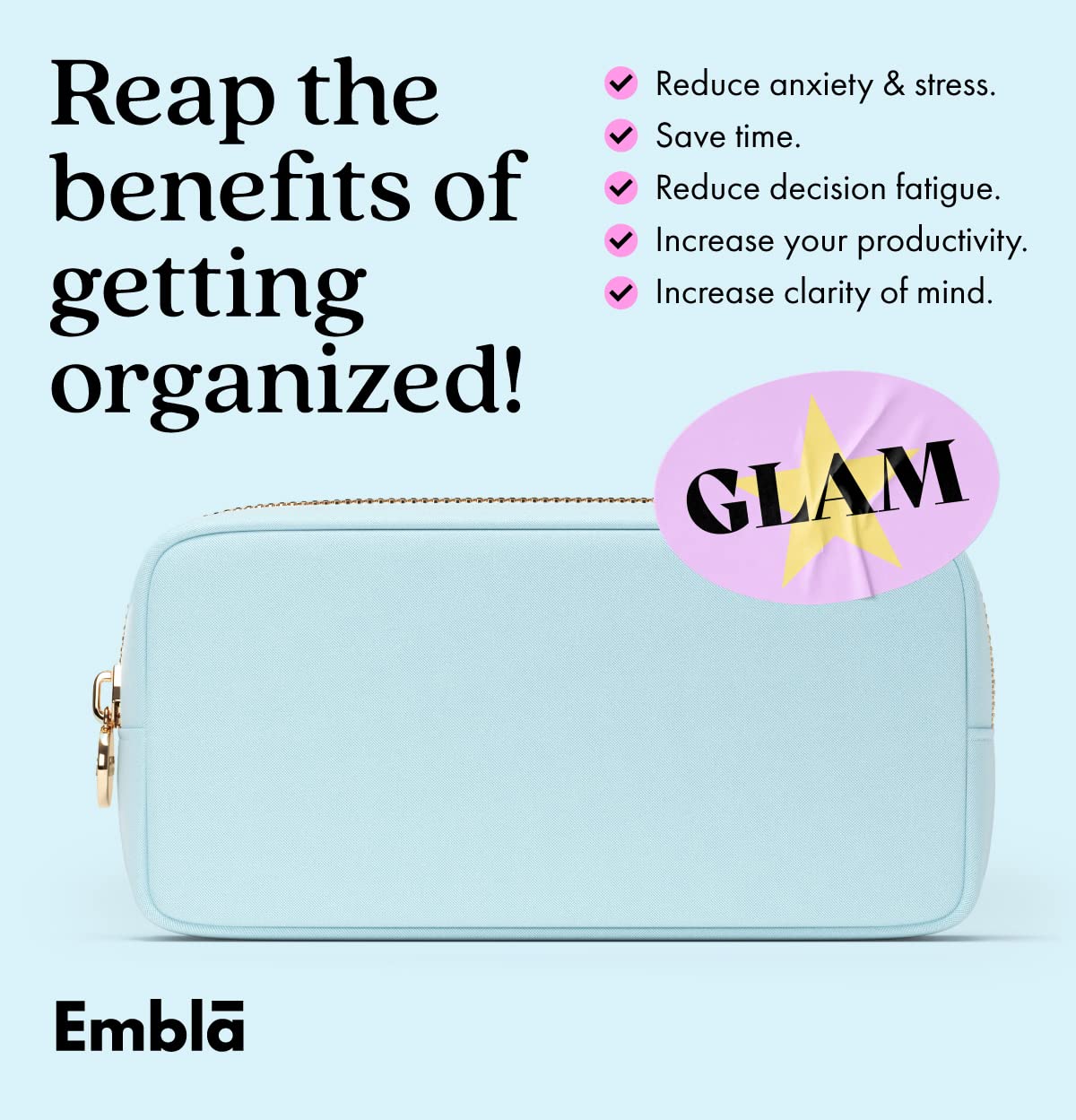 Embla sky blue makeup bag large size offers expanded capacity for travel skincare.