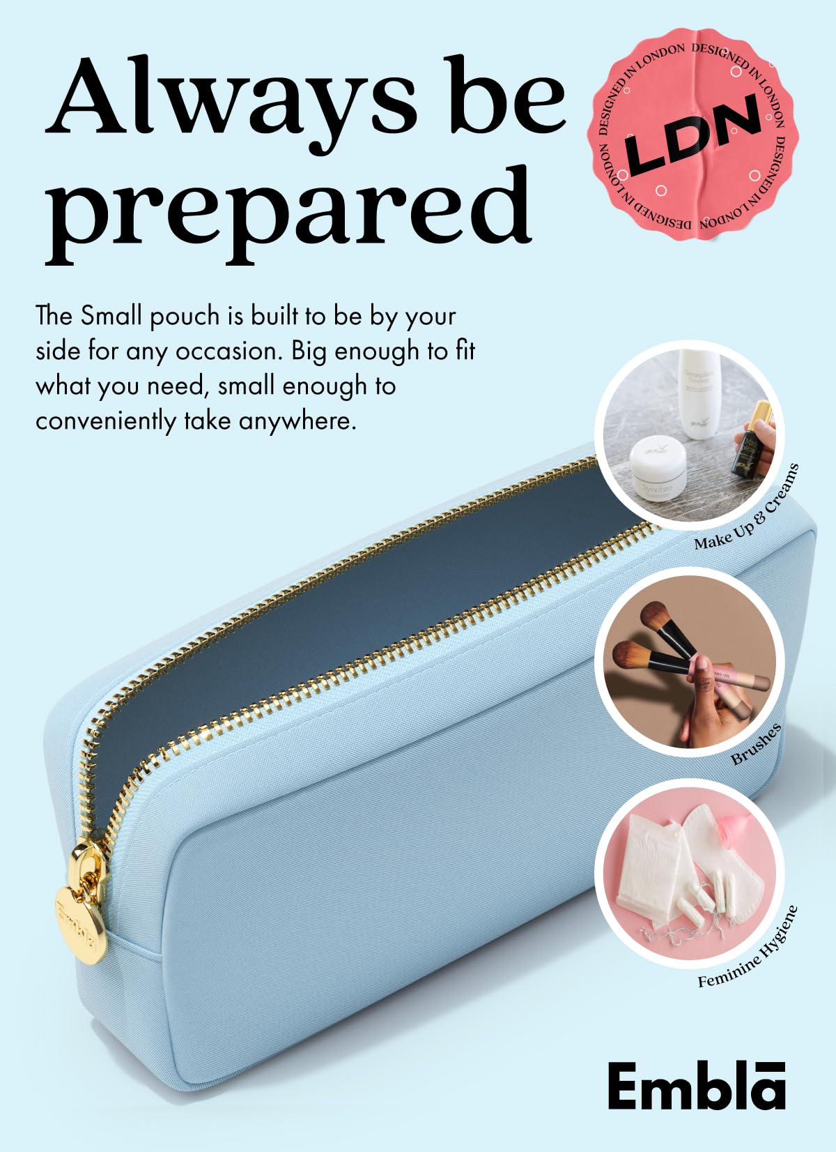 Embla sky blue makeup bag mini size demonstrates compact, pocket-friendly storage.