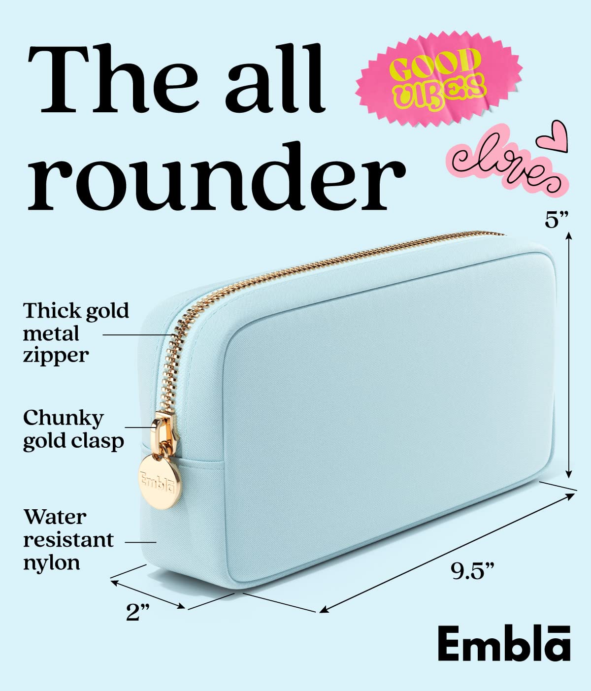 Embla sky blue makeup bag open view reveals organized compartments for cosmetics.