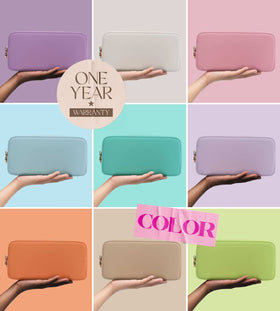 Embla sky blue makeup bag in travel scene illustrates waterproof, lightweight companion.