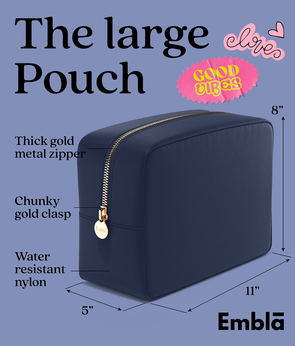 Embla waterproof travel toiletry bag in navy protects liquids during trips