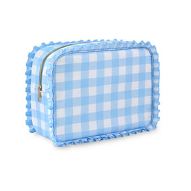EMBRUNIOICE gingham ruffle makeup bag front view showcasing roomy storage for cosmetics