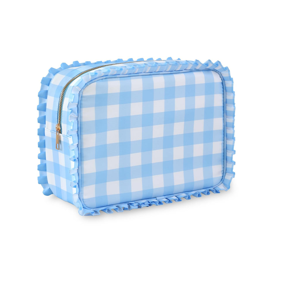 EMBRUNIOICE gingham ruffle makeup bag front view showcasing roomy storage for cosmetics