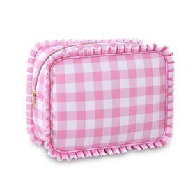 EMBRUNIOICE gingham makeup bag with ruffle for stylish travel organization.