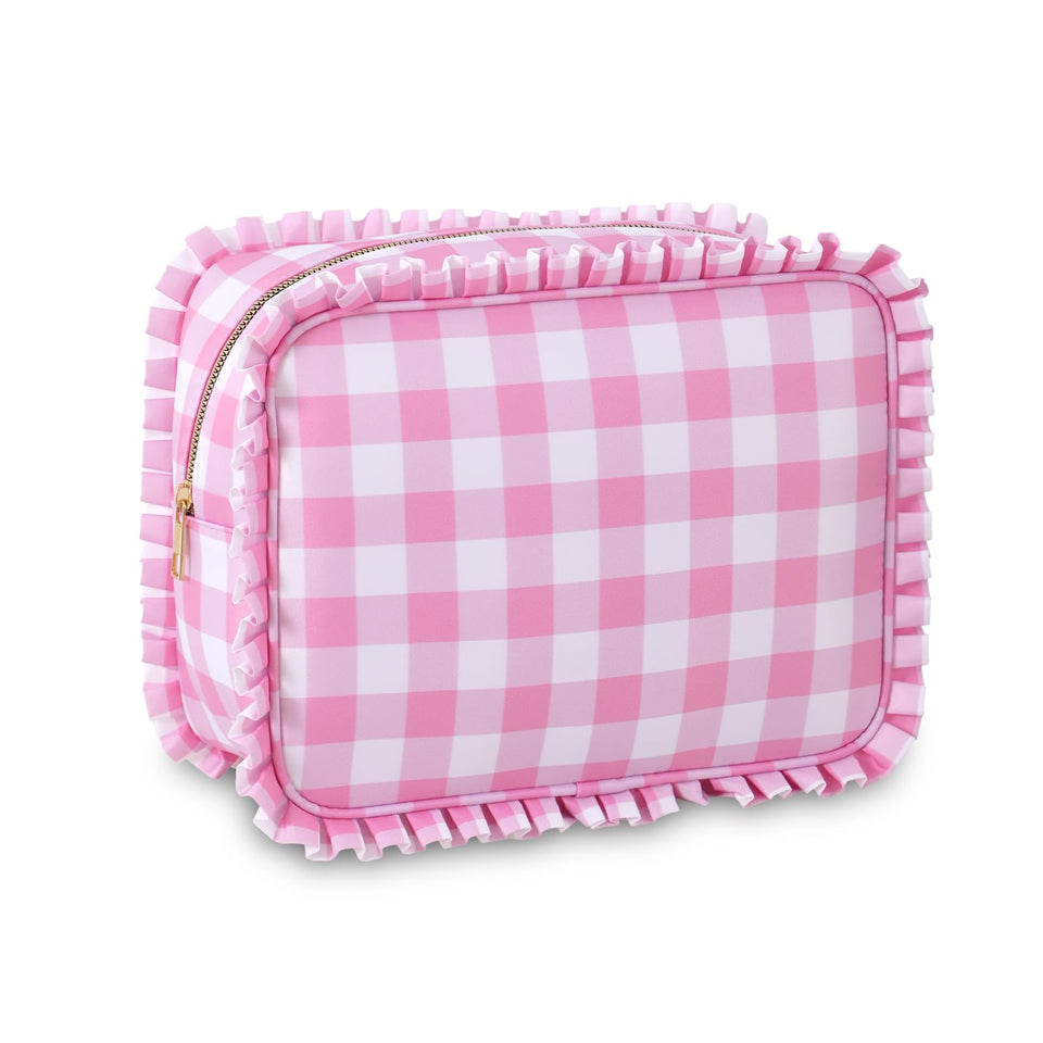 EMBRUNIOICE gingham makeup bag with ruffle for stylish travel organization.
