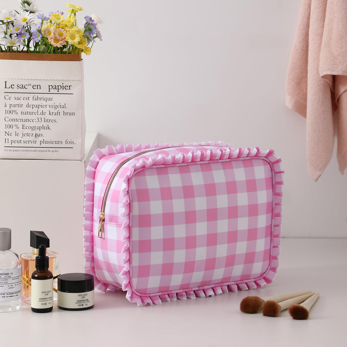 EMBRUNIOICE gingham makeup bag open interior showing roomy storage holds full-sized cosmetics.