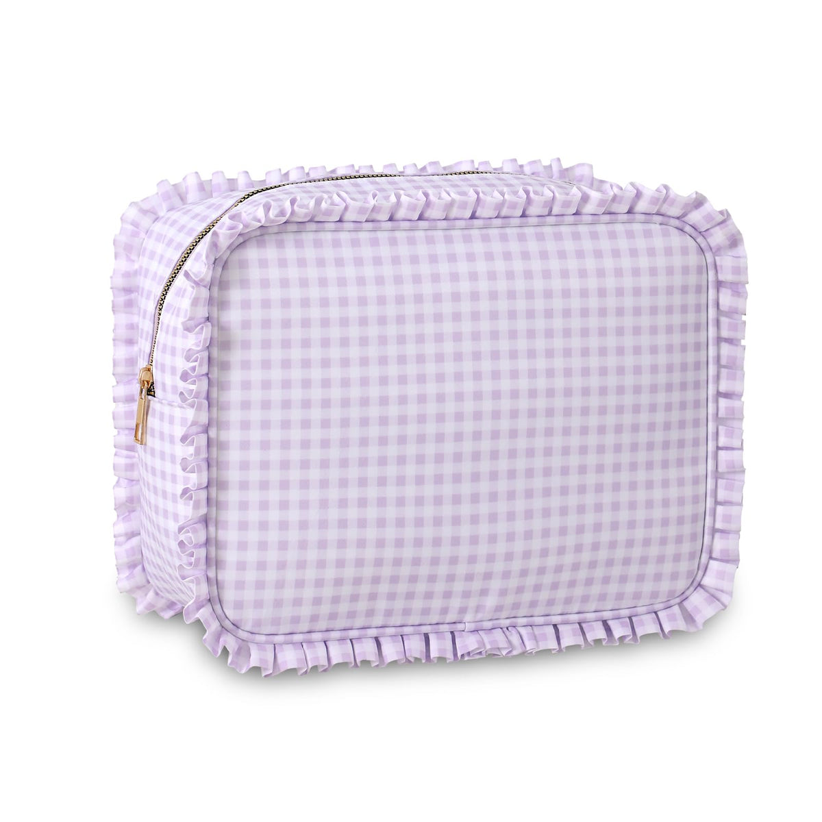EMBRUNIOICE gingham ruffle makeup bag in purple, ideal for organized travel.