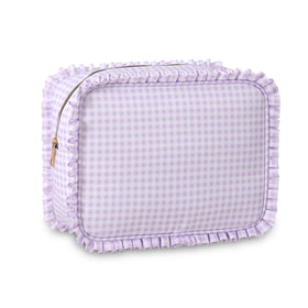 EMBRUNIOICE gingham ruffle makeup bag in purple, ideal for organized travel.