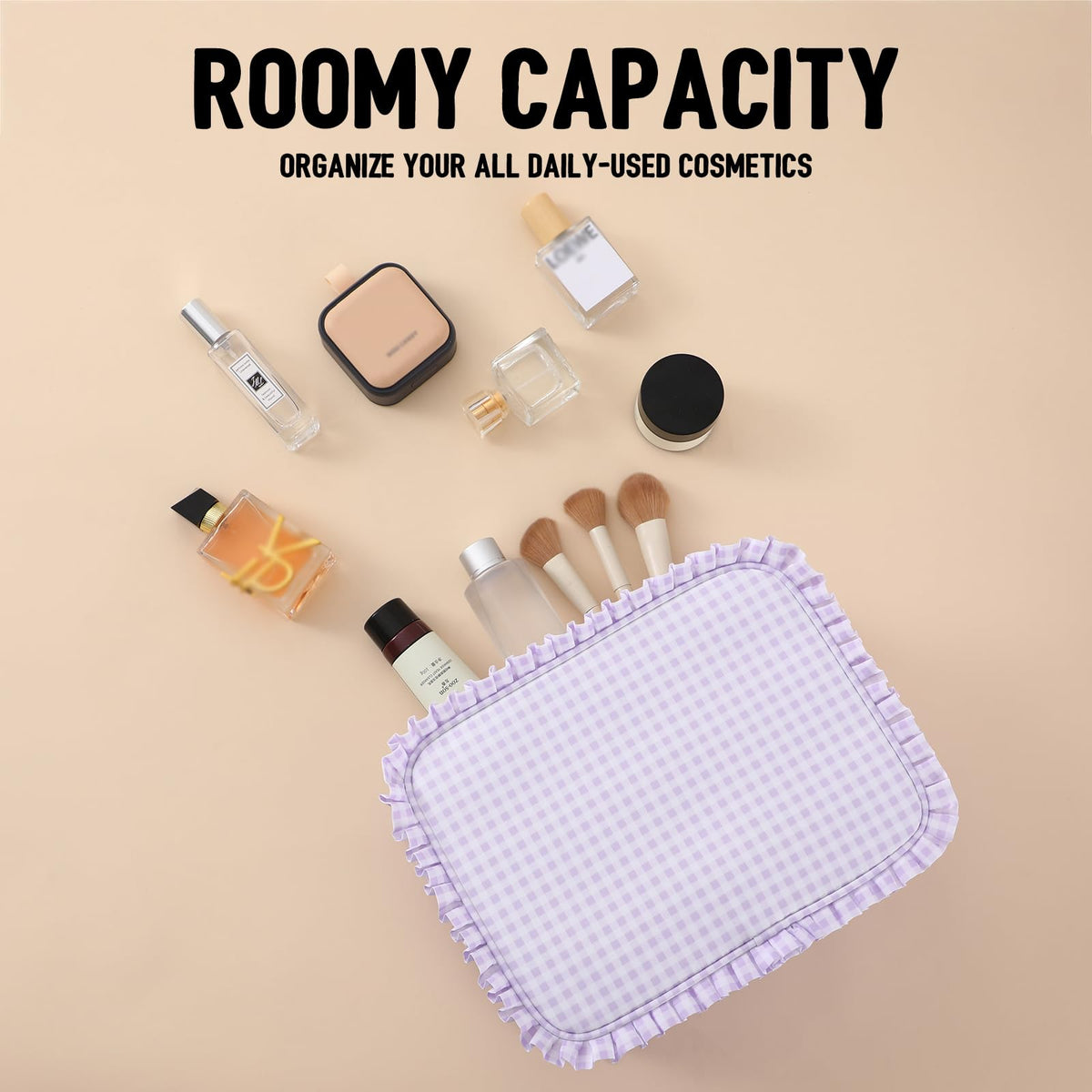 EMBRUNIOICE gingham pouch shows roomy interior for cosmetics.