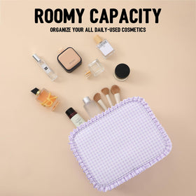 EMBRUNIOICE gingham pouch shows roomy interior for cosmetics.