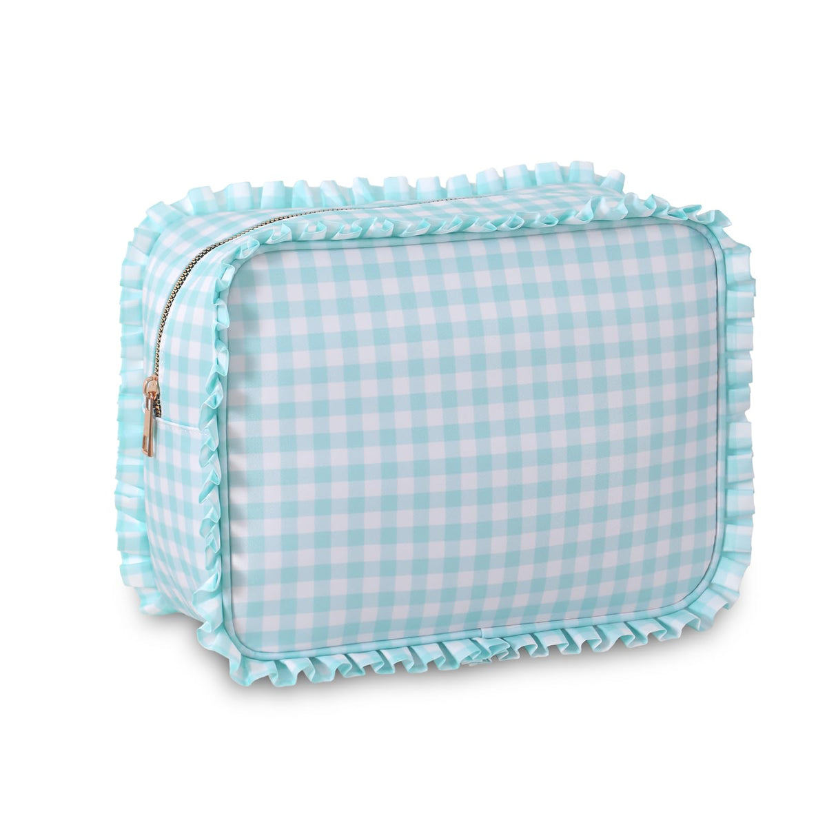 EMBRUNIOICE gingham ruffle makeup bag ideal for travel and organization.