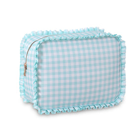 EMBRUNIOICE gingham ruffle makeup bag ideal for travel and organization.