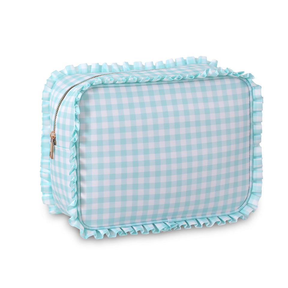 EMBRUNIOICE gingham ruffle makeup bag ideal for travel and organization.