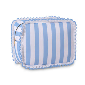 EMBRUNIOICE stripe ruffle makeup bag blue for stylish travel organization.