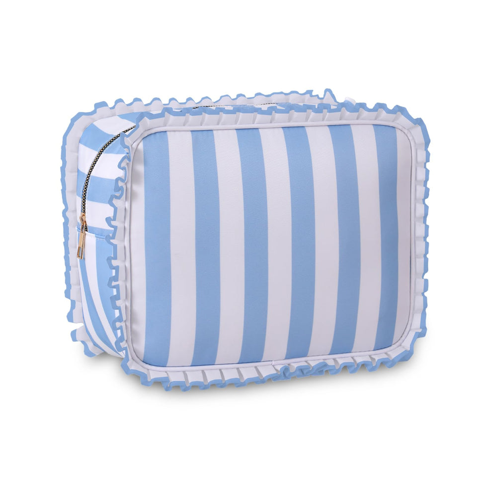 EMBRUNIOICE stripe ruffle makeup bag blue for stylish travel organization.