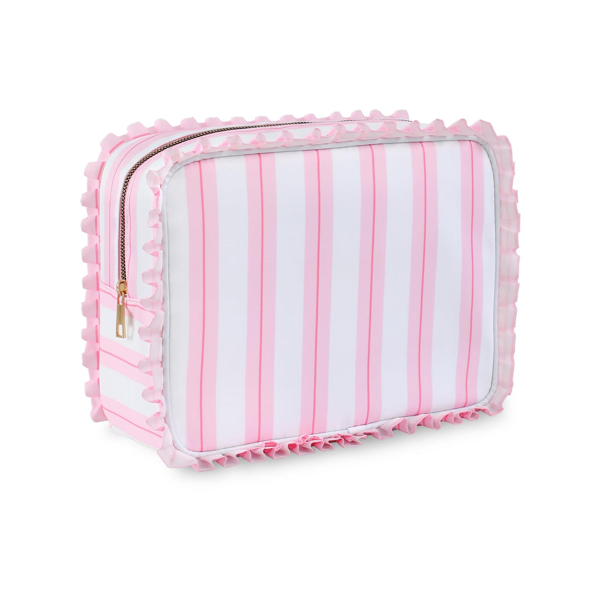 Embrunioice stripe ruffle makeup bag in pink, stylish travel companion for cosmetics