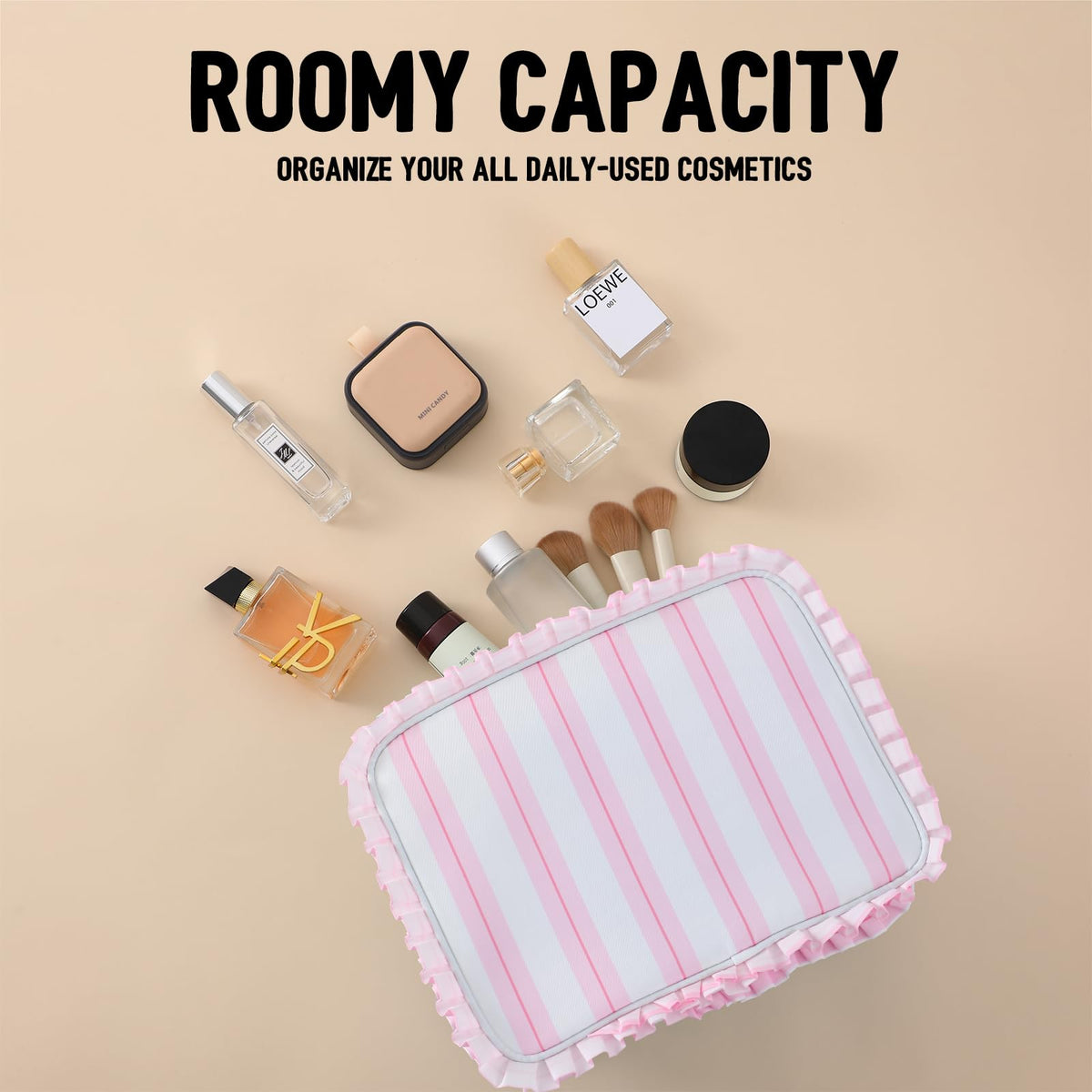 Close-up of metal zipper on Embrunioice stripe makeup bag for secure storage