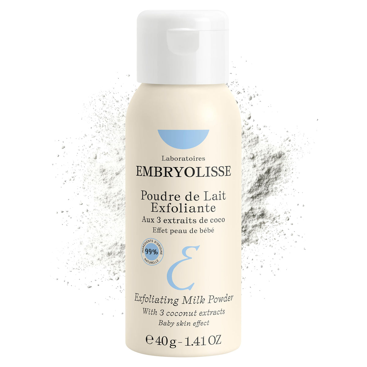 Embryolisse Exfoliating Scrub Powder jar close-up showing gentle coconut exfoliation for all skin types.