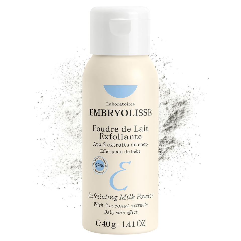 Embryolisse Exfoliating Scrub Powder jar close-up showing gentle coconut exfoliation for all skin types.