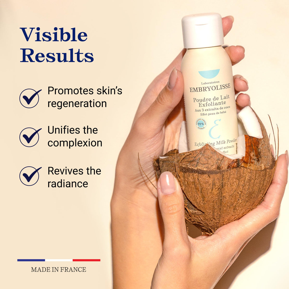 Embryolisse Exfoliating Scrub Powder water contact forming milky foam for cleansing.