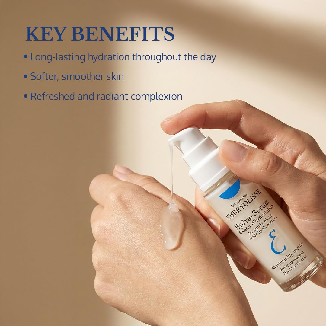Embryolisse Hydra-Serum with White Nymphaea extract promotes a radiant complexion.