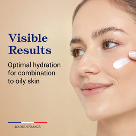 Embryolisse Mattifying Moisturizer application scene illustrating quick non-greasy absorption.