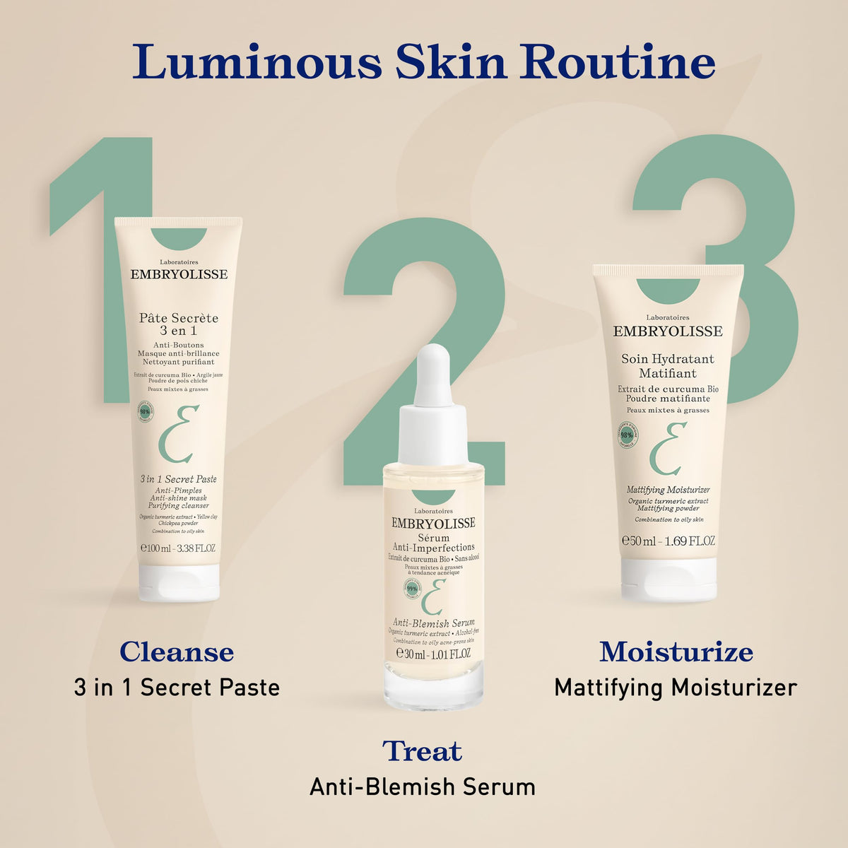 Embryolisse Mattifying Moisturizer ingredients emphasizing natural-origin turmeric extract.