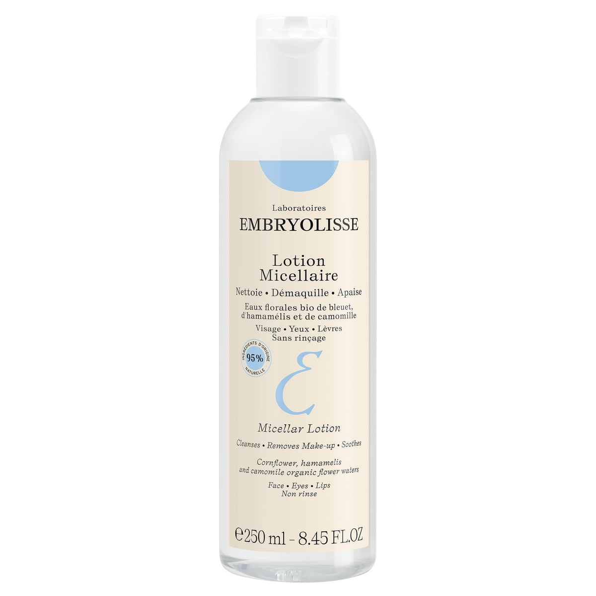 Embryolisse micellar lotion remover cleanses the face and eyes with gentle action.