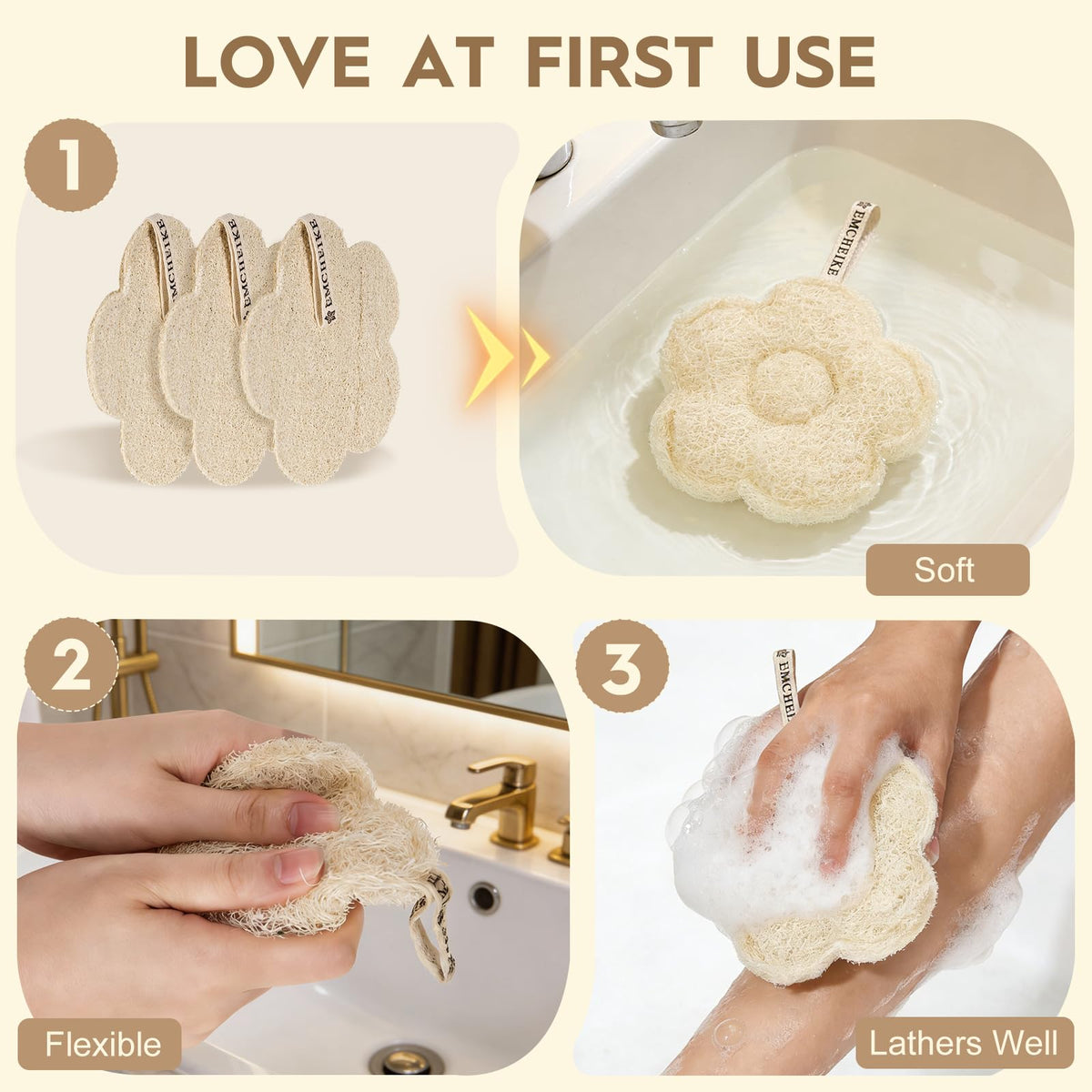 EMCHEIKE durable natural loofah with reinforced edges for long-lasting use.