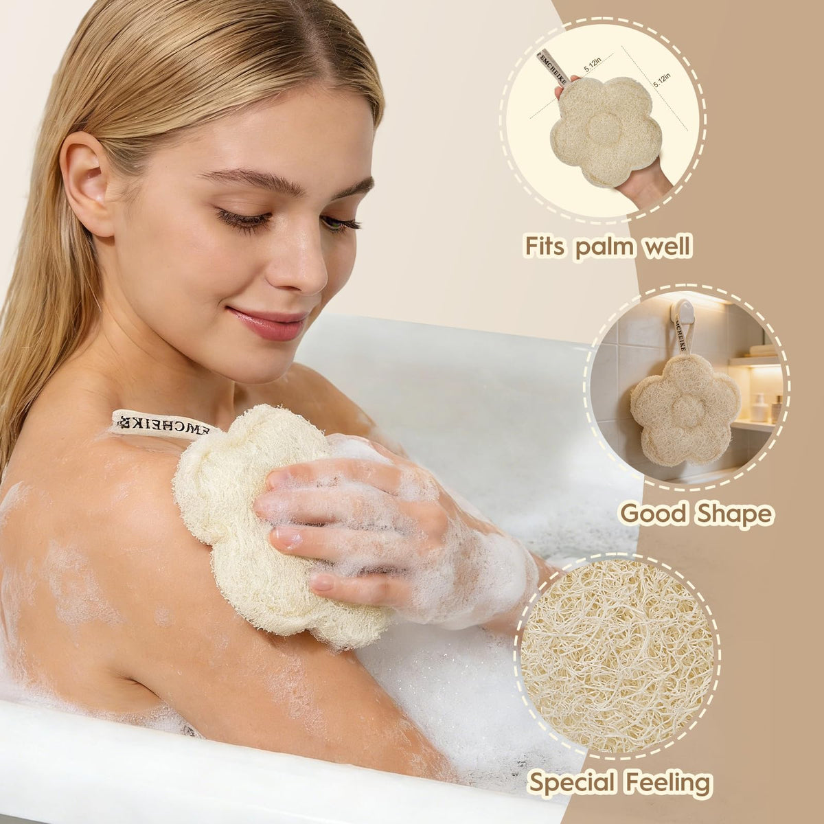 EMCHEIKE ergonomic floral-design shower scrubber hugs body contours for comfortable cleansing.