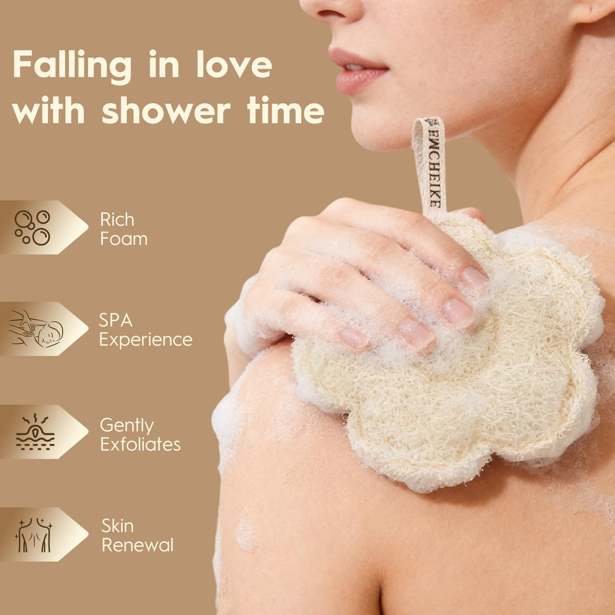 EMCHEIKE loofah sponge close-up highlights soft fibers and natural material.