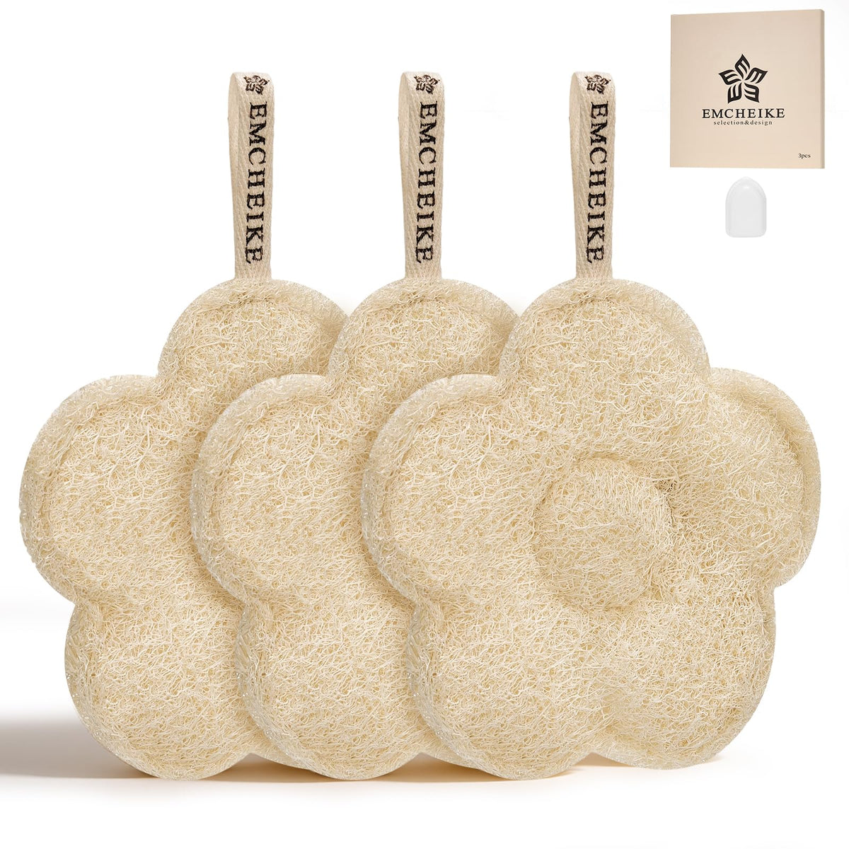 EMCHEIKE natural loofah scrubber pack showing exfoliating texture for gentle cleansing.