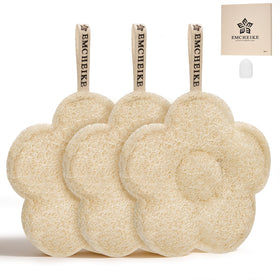 EMCHEIKE natural loofah scrubber pack showing exfoliating texture for gentle cleansing.