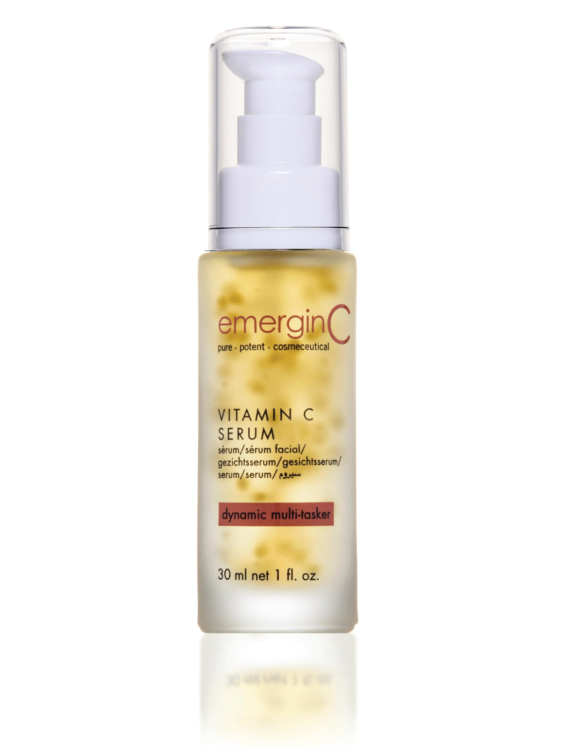 emerginC 20% Vitamin C serum bottle close-up showing potential brightening.