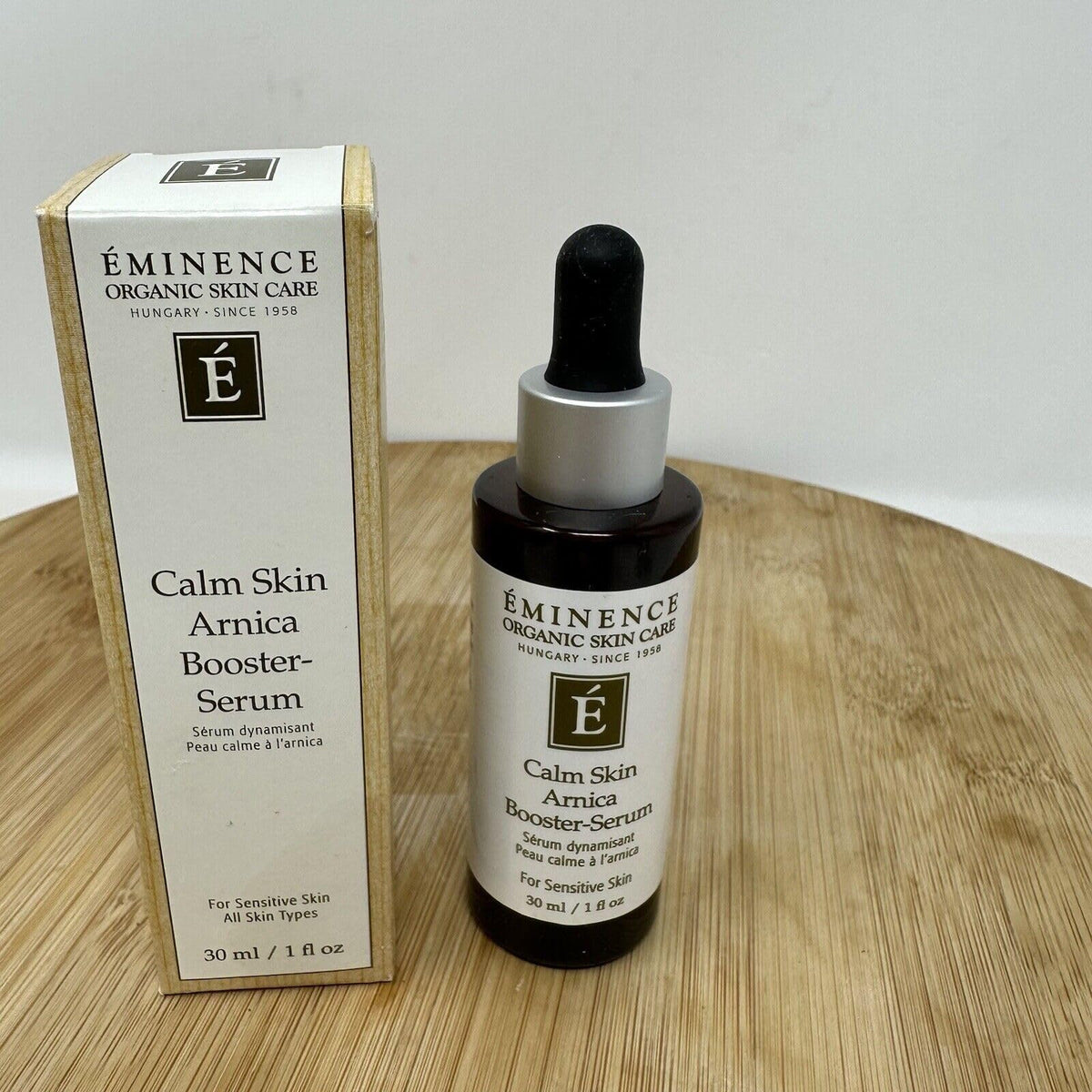Eminence 1 oz bottle sits on a clean vanity