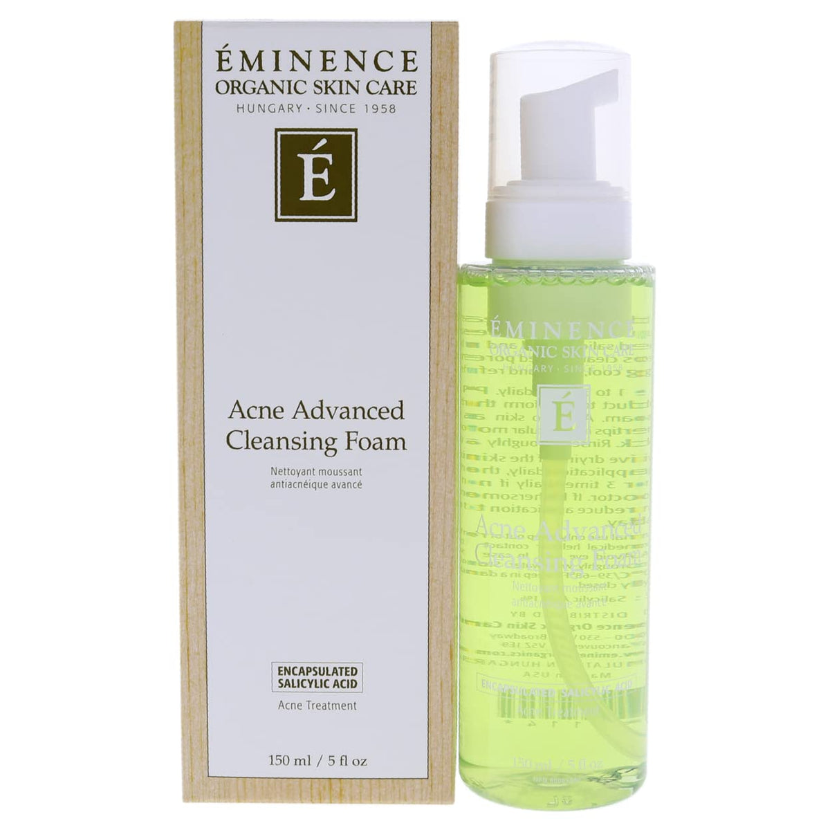 Eminence Acne Advanced Cleansing Foam bottle demonstrates gentle cleansing for clearer pores.