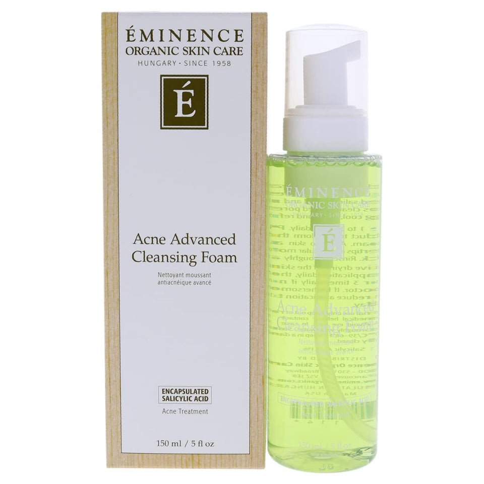 Eminence Acne Advanced Cleansing Foam bottle demonstrates gentle cleansing for clearer pores.