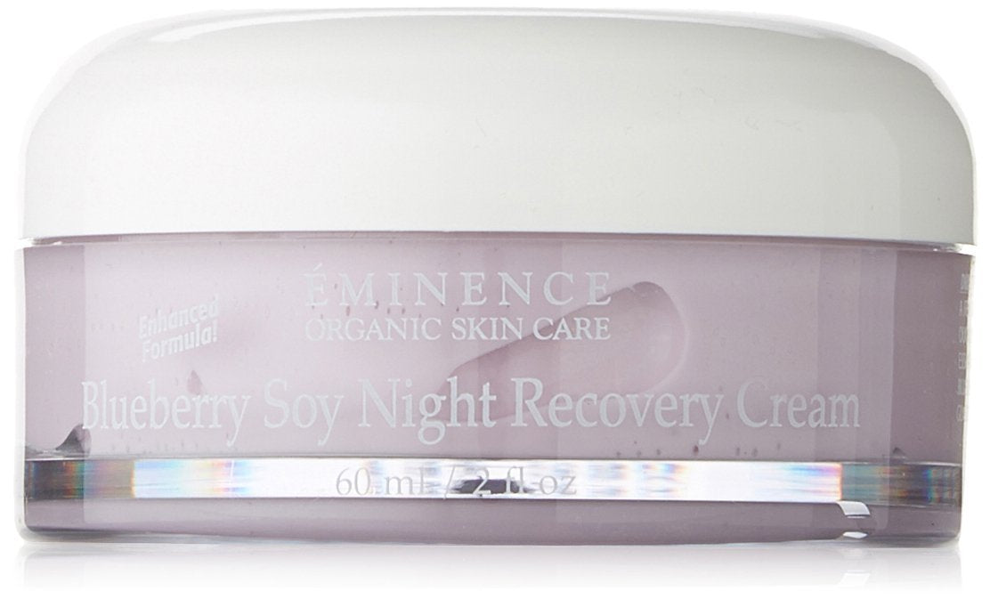 Eminence Blueberry Soy Night Recovery Cream jar showcases antioxidant-rich formula for nourishing dry skin overnight.