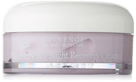 Eminence Blueberry Soy Night Recovery Cream jar showcases antioxidant-rich formula for nourishing dry skin overnight.