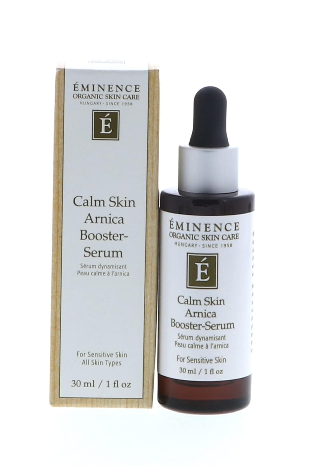 Eminence Calm Skin Arnica Booster Serum dropper releasing serum for gentle, effective application