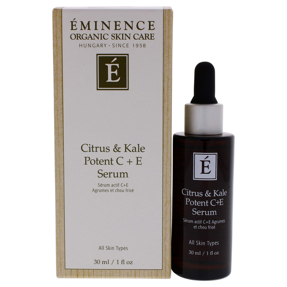 Eminence Citrus & Kale Potent C Plus E Serum bottle close-up highlighted for brightening