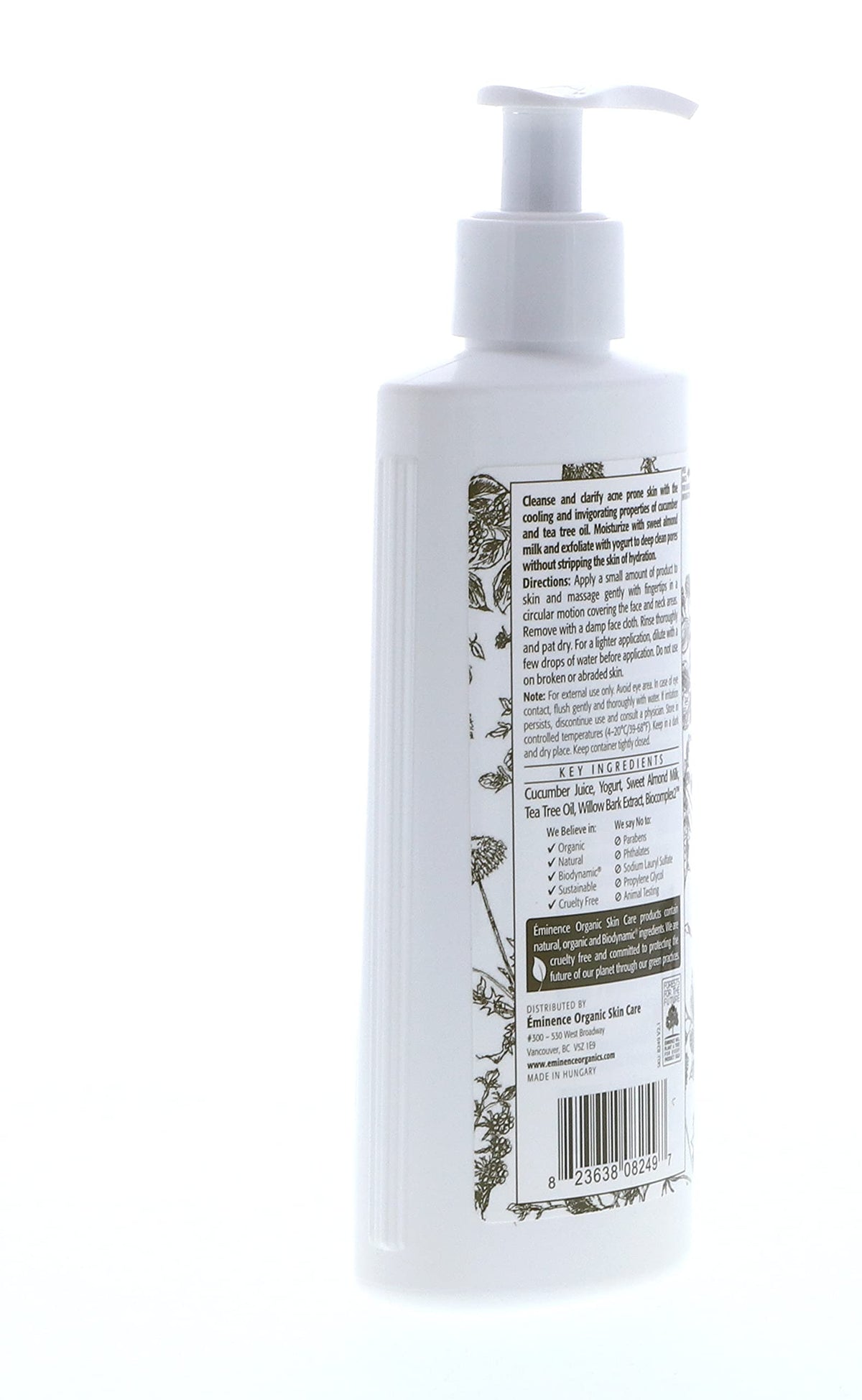 Packaging of Eminence cleanser showing cruelty-free badge and eco-friendly value