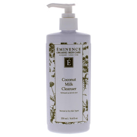 Eminence Coconut Milk Cleanser bottle pour highlights a gentle, hydrating cleanse for sensitive skin.