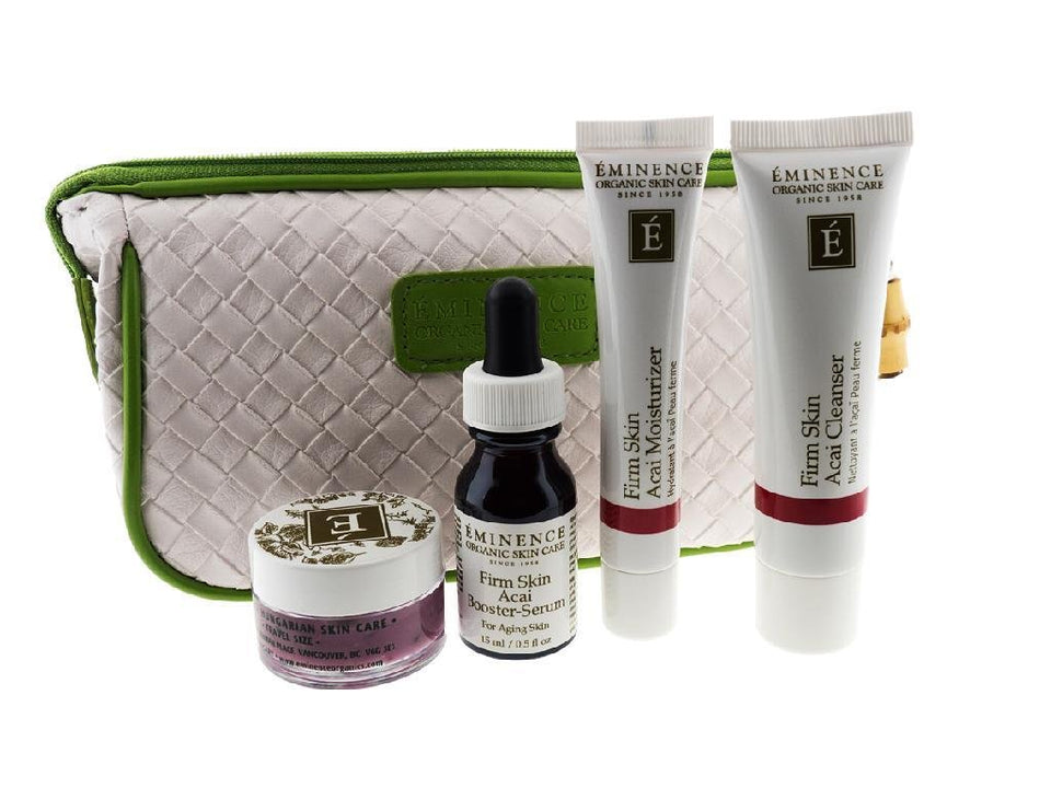 Eminence Firm Skin Starter Set with 5-piece kit and bag, supports hydration and elasticity.
