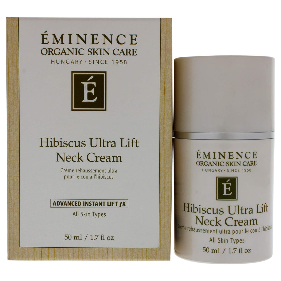 Eminence Hibiscus Ultra Lift Neck Cream bottle with airless pump for targeted neck care and smoother skin.