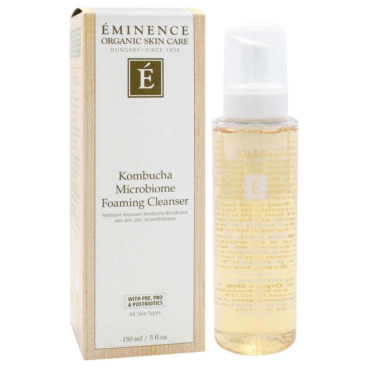Eminence Kombucha Microbiome Foaming Cleanser bottle emphasizes microbiome-friendly skin care.